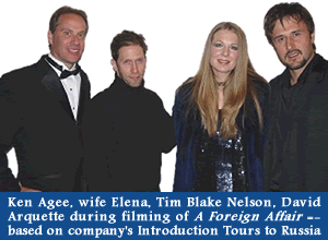 Ken and Elena Agee with Tim Blake Nelson and David Arquette during filming of movie A Foreign Affair